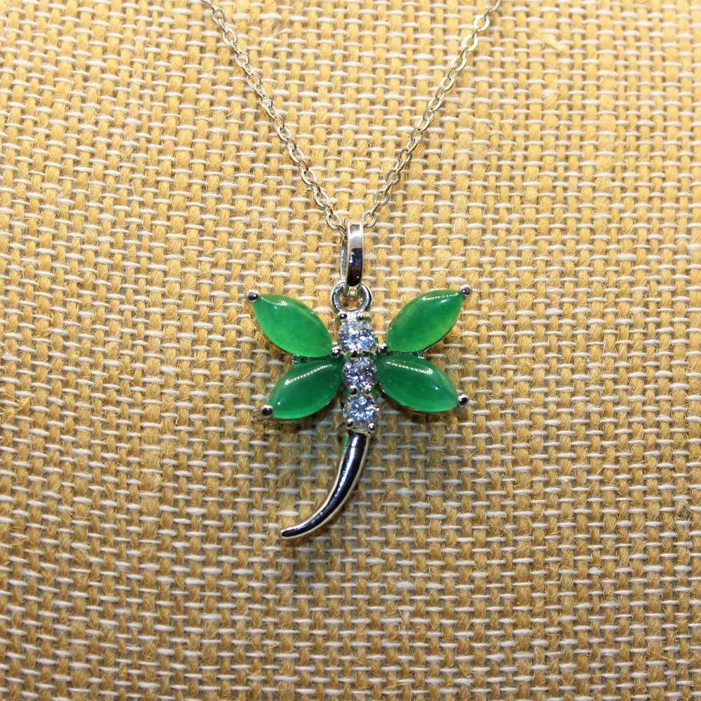 Nephrite Dragonfly Pendant Silver tone Chain Jade